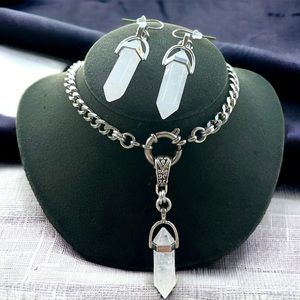 SET ! Genuine quartz bullet necklace + earrings stainless steel chain necklace